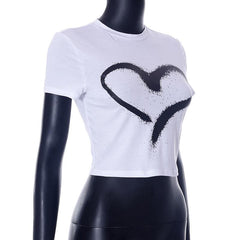 Heart pattern contrast short sleeve crewneck crop top