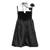 Solid notch neck flower applique ruched backless mini dress