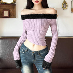 Textured fluffy contrast off shoulder long sleeve crop top