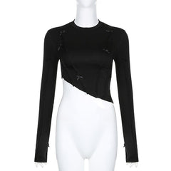 Stitch bowknot irregular solid crewneck long sleeve crop top