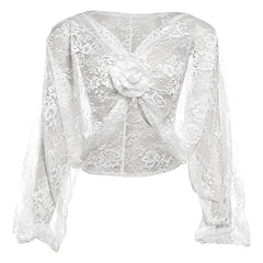Lace see through long puff sleeve solid flower applique crop top
