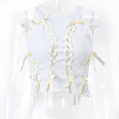 Sleeveless round neck lace up hollow out ribbed crop top
