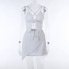 Textured solid cross back self tie backless v neck mini skirt set