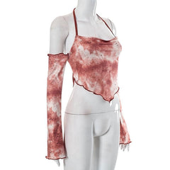 Halter off shoulder self tie ruffle long sleeve backless tie dye top