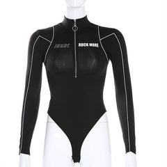 Zip-up "ROCK" pattern high neck long sleeve bodysuit