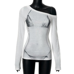 Long sleeve body print one shoulder contrast irregular top
