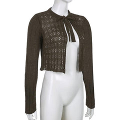 Crochet self tie long sleeve hollow out solid top - Final Sale