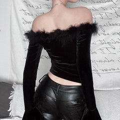 Velvet fluffy patchwork beaded off shoulder long flared sleeve top