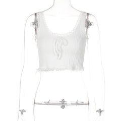 Textured lace hem solid u neck sleeveless crop top