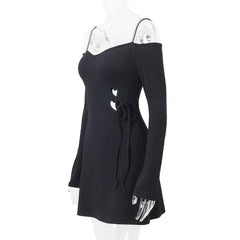 Long sleeve off shoulder textured hollow out cami mini dress - Final Sale