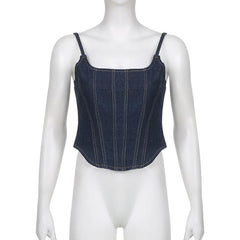 Stitch square neck backless zip-up denim cami top - Final Sale