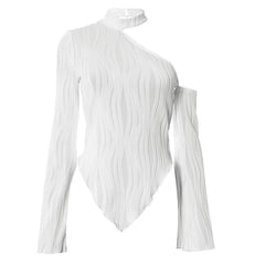 Long sleeve textured off shoulder ruffle halter solid top