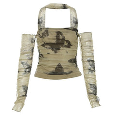 Mesh butterfly pattern off shoulder contrast long sleeve top