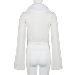 Fluffy patchwork solid long sleeve self tie crop top