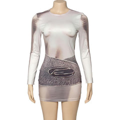 Long sleeve crewneck body print contrast mini dress