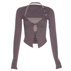 Long sleeve hollow out button halter 2 piece crop top