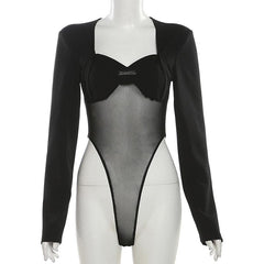 Long sleeve metal tag mesh patchwork bodysuit
