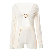 V neck long sleeve o ring slit solid crop top pant set