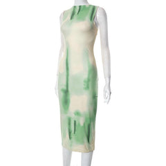 Tie dye sleeveless contrast crewneck midi dress