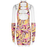 Ripple contrast hollow out gloves halter backless mini dress