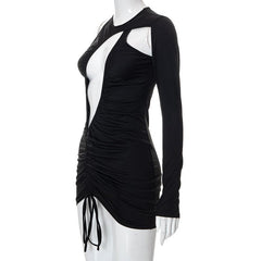 Ruched drawstring irregular solid one shoulder hollow out mini dress