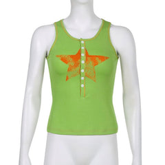 Contrast button star pattern sleeveless round neck ribbed stitch top - Final Sale