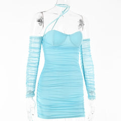 Solid ruched halter mesh long sleeve off shoulder mini dress