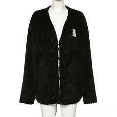 Fluffy embroidery long sleeve lace up self tie coat