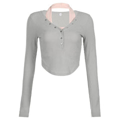 Button patchwork solid long sleeve ribbed contrast crop top