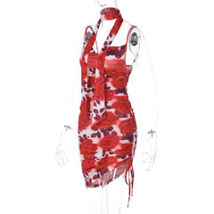 PRE ORDER - Flower print contrast drawstring cowl neck backless cami mini dress