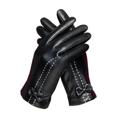 Touch screen fleece bowknot PU gloves