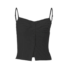 Textured pleated button slit solid backless cami top