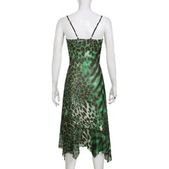 Leopard print cowl neck contrast ruffle backless mesh maxi dress