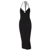 Sleeveless solid hollow out slit self tie backless midi dress