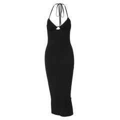 Sleeveless solid hollow out slit self tie backless midi dress