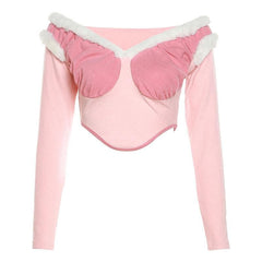 Furry contrast long sleeve off shoulder ruched crop top