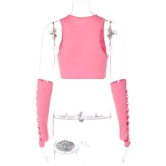 Sleeveless round neck solid hollow out gloves crop top - Final Sale