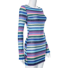 Long sleeve crewneck knitted backless striped self tie mini dress