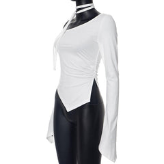 Long flared sleeve off shoulder ruched irregular top