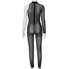 Long sleeve one shoulder lace see through solid high neck zip-up jumpsuit