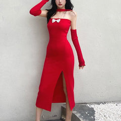 Solid halter bowknot applique slit gloves midi dress