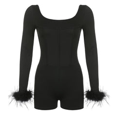 Feather corset long sleeve backless solid romper