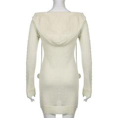 Crochet solid long sleeve hoodie v neck hairball mini dress - Final Sale