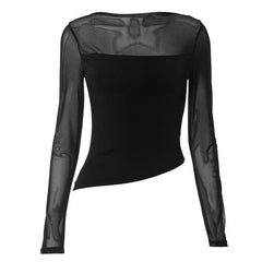 Mesh patchwork irregular solid long sleeve top