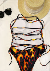 Contrast print lace up self tie backless one piece swimwear