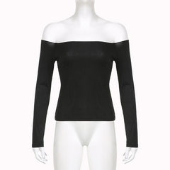 Off shoulder long sleeve ribbed solid top