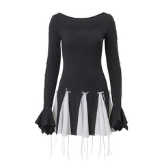 Long flared sleeve bowknot self tie u neck contrast patchwork mini dress