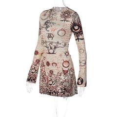 Long sleeve crewneck print drawstring ruched mini dress