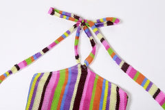 Halter self tie backless striped contrast maxi dress