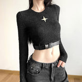 Textured star applique long sleeve buckle crop top